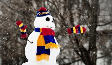 cheerful snowman wearing tricolour toque, mittens, and scarf