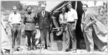 Professor S. A. Mitchell (second from right) and his son, A. C. G. Mitchell (far left), with colleagues from the Paris Observatory and University of Virginia observe the 1923 total eclipse near San Diego, California.